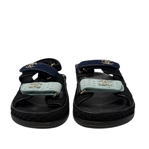 Chanel Dad Sandals CC Chain Logo Blue Two Tone Knit Flat Slingback Size 37 - Picture 4 of 9